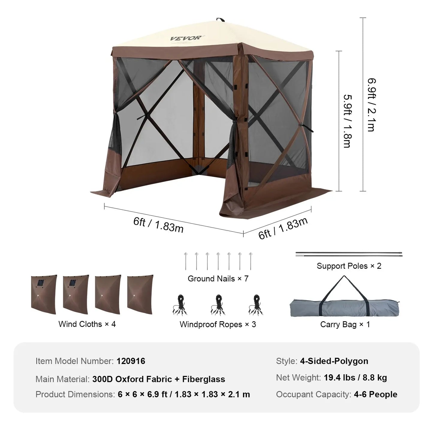 12x12ft Pop-Up Screen Canopy Tent with Mesh Windows & Carry Bag