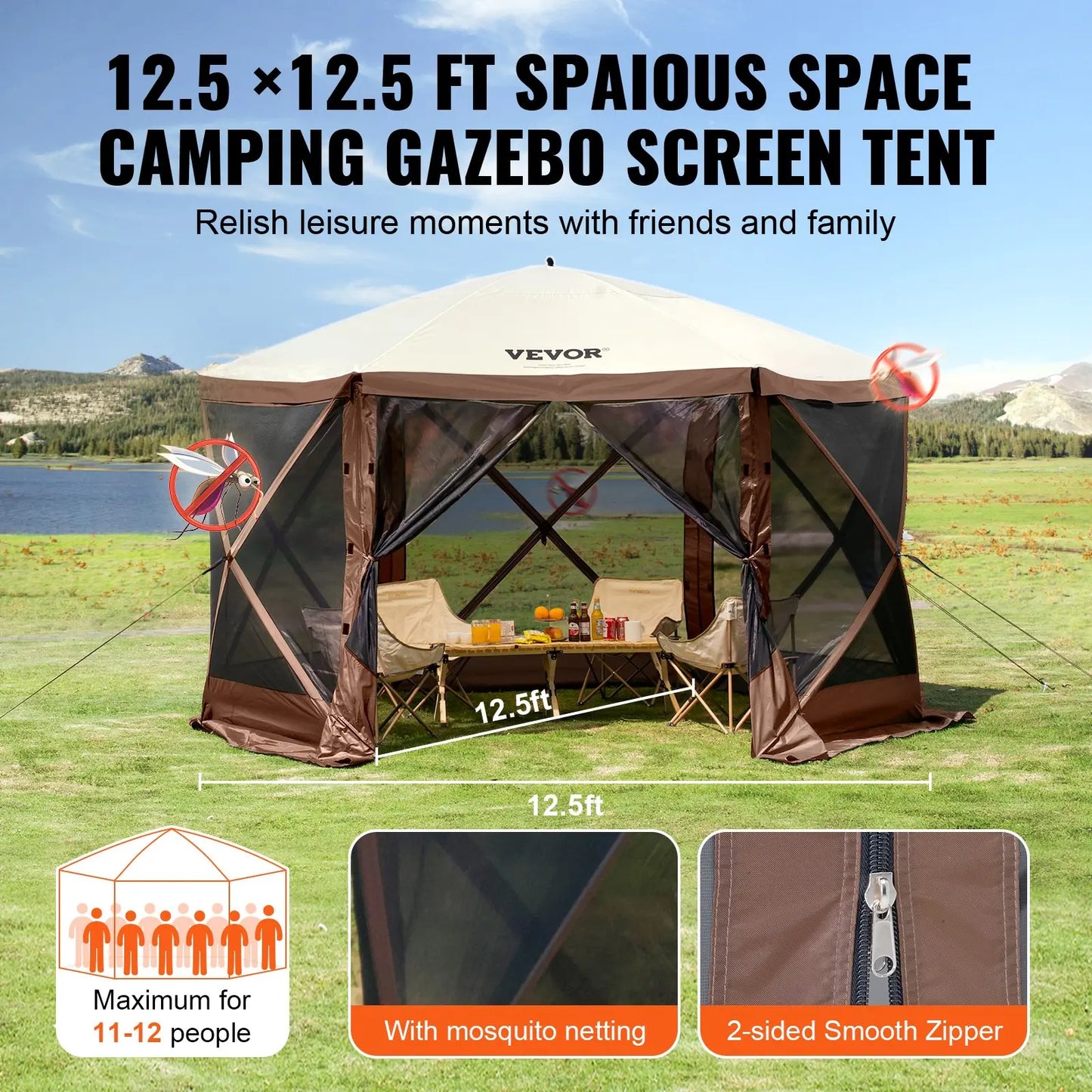 12x12ft Pop-Up Screen Canopy Tent with Mesh Windows & Carry Bag