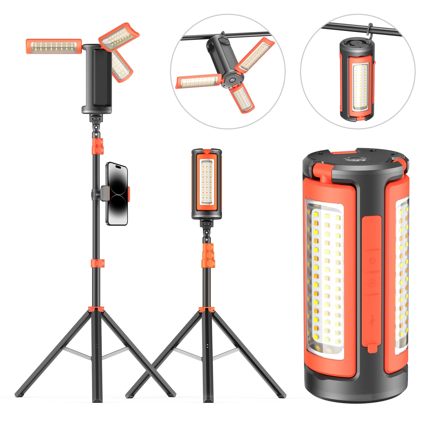 3-Head LED Camping Light with 67" Adjustable Tripod, 10000mAh Rechargeable Work Light & Power Bank