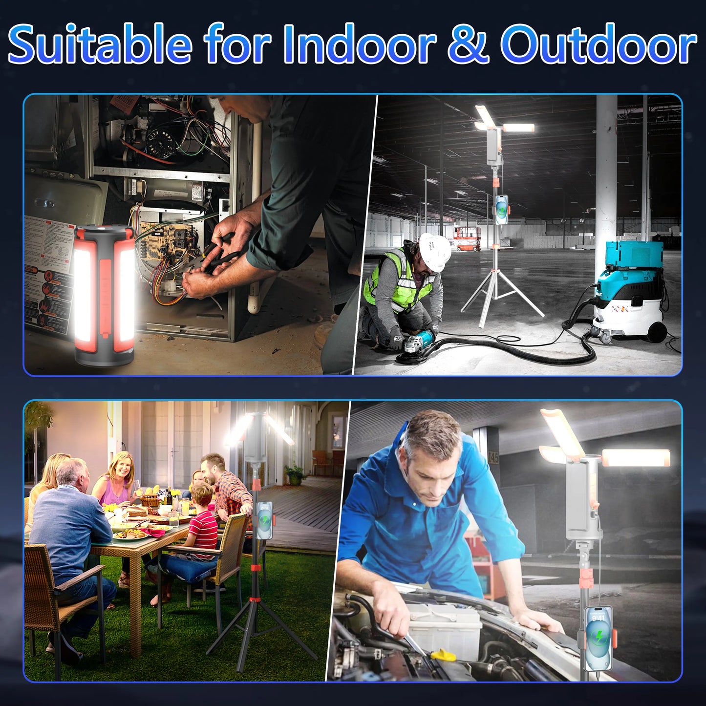 3-Head LED Camping Light with 67" Adjustable Tripod, 10000mAh Rechargeable Work Light & Power Bank