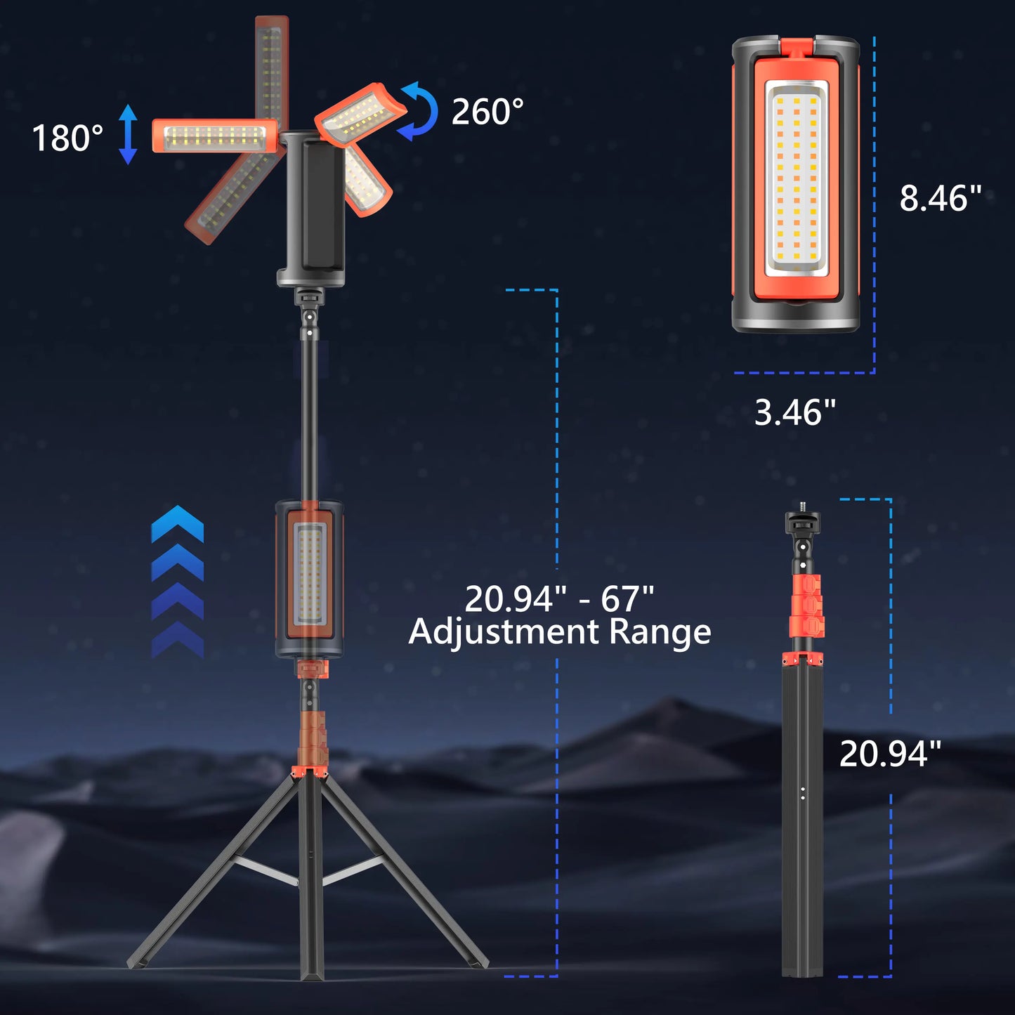 3-Head LED Camping Light with 67" Adjustable Tripod, 10000mAh Rechargeable Work Light & Power Bank