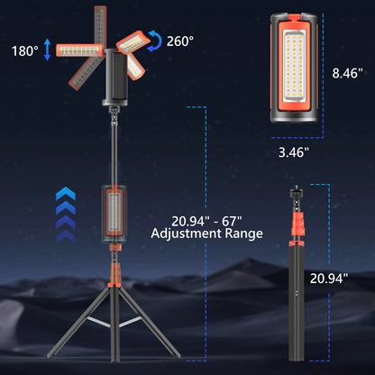 3-Head LED Camping Light with 67" Adjustable Tripod, 10000mAh Rechargeable Work Light & Power Bank