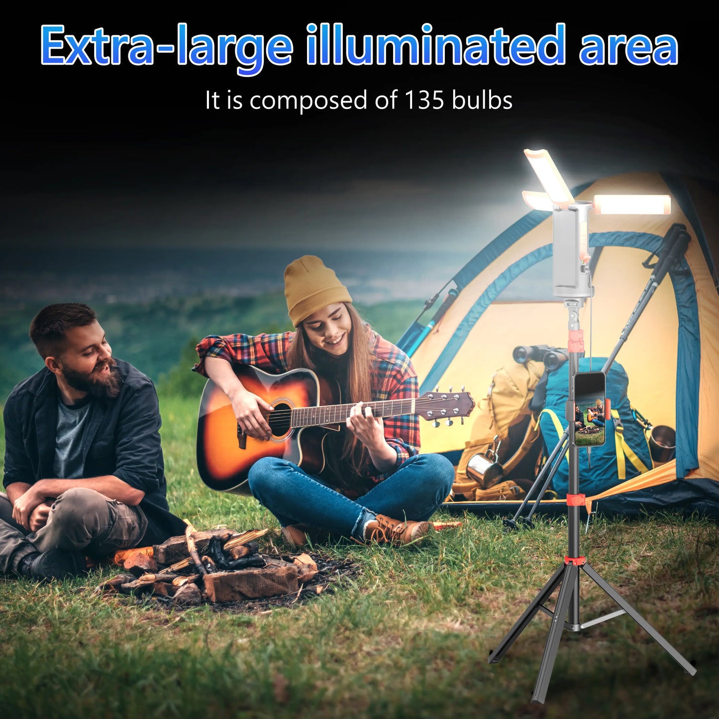 3-Head LED Camping Light with 67" Adjustable Tripod, 10000mAh Rechargeable Work Light & Power Bank